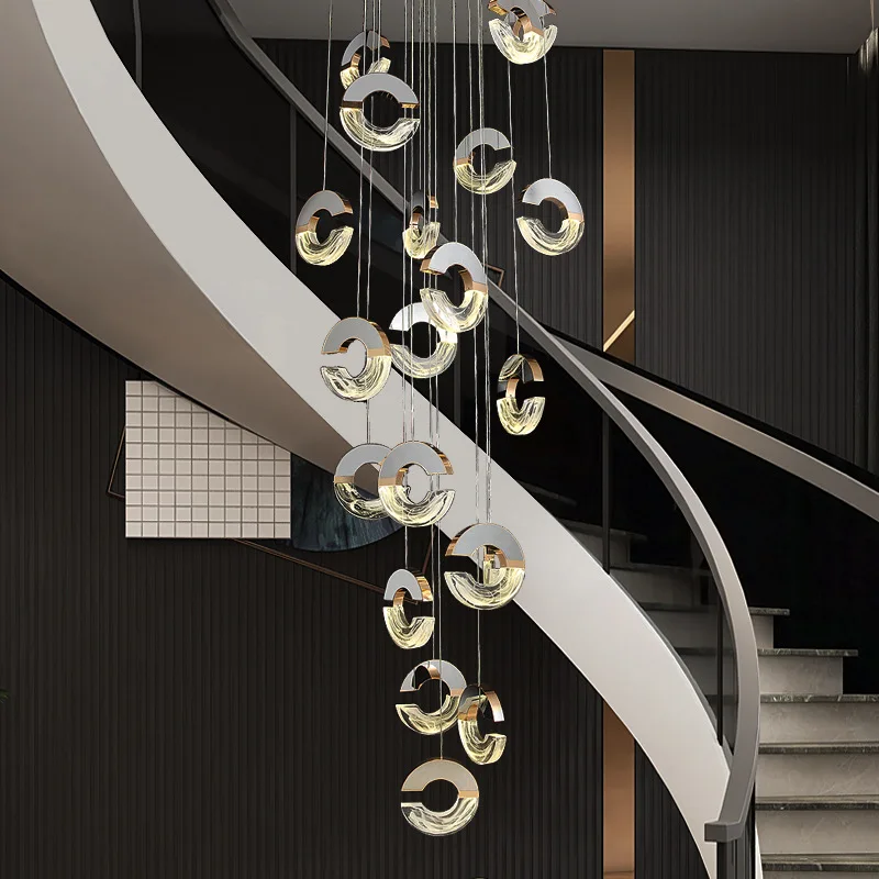 Modern New C-type Cloud and Mist High End Crystal Lamp Villa Duplex High Rise Middle Floor Rotating Staircase Pendant Lamp