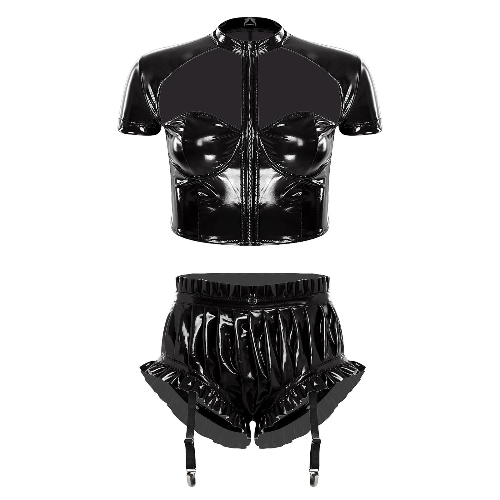 

Womens Wet Look PU Leather Clubwear Outfit Push-up Underwire Cutout Crop Top and Ruffled Trim Bloomer Shorts with Garter Clips