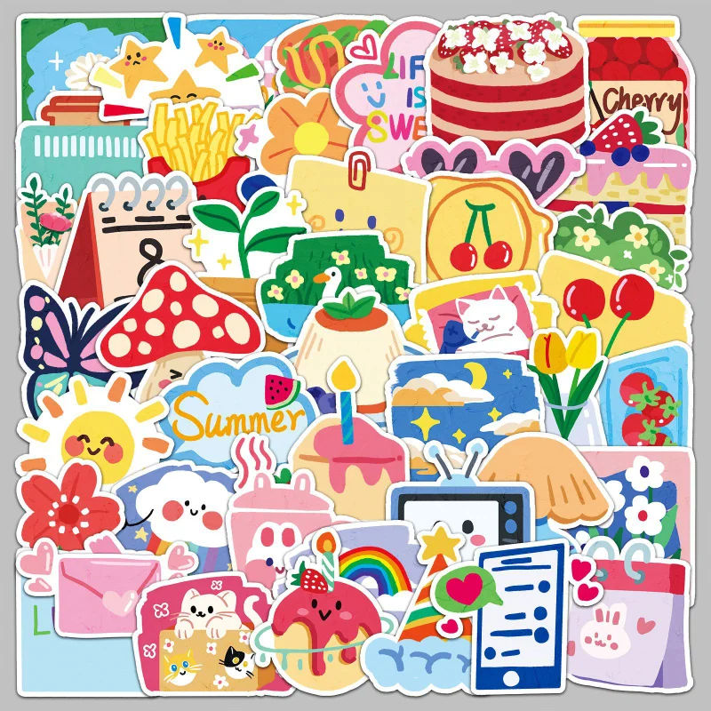 50pcs/set INS Cute Cream Color Scrapbook Decal Sweet American Floral Cherry Butterfly Journaling Sticker DIY Decor Sticker Gift