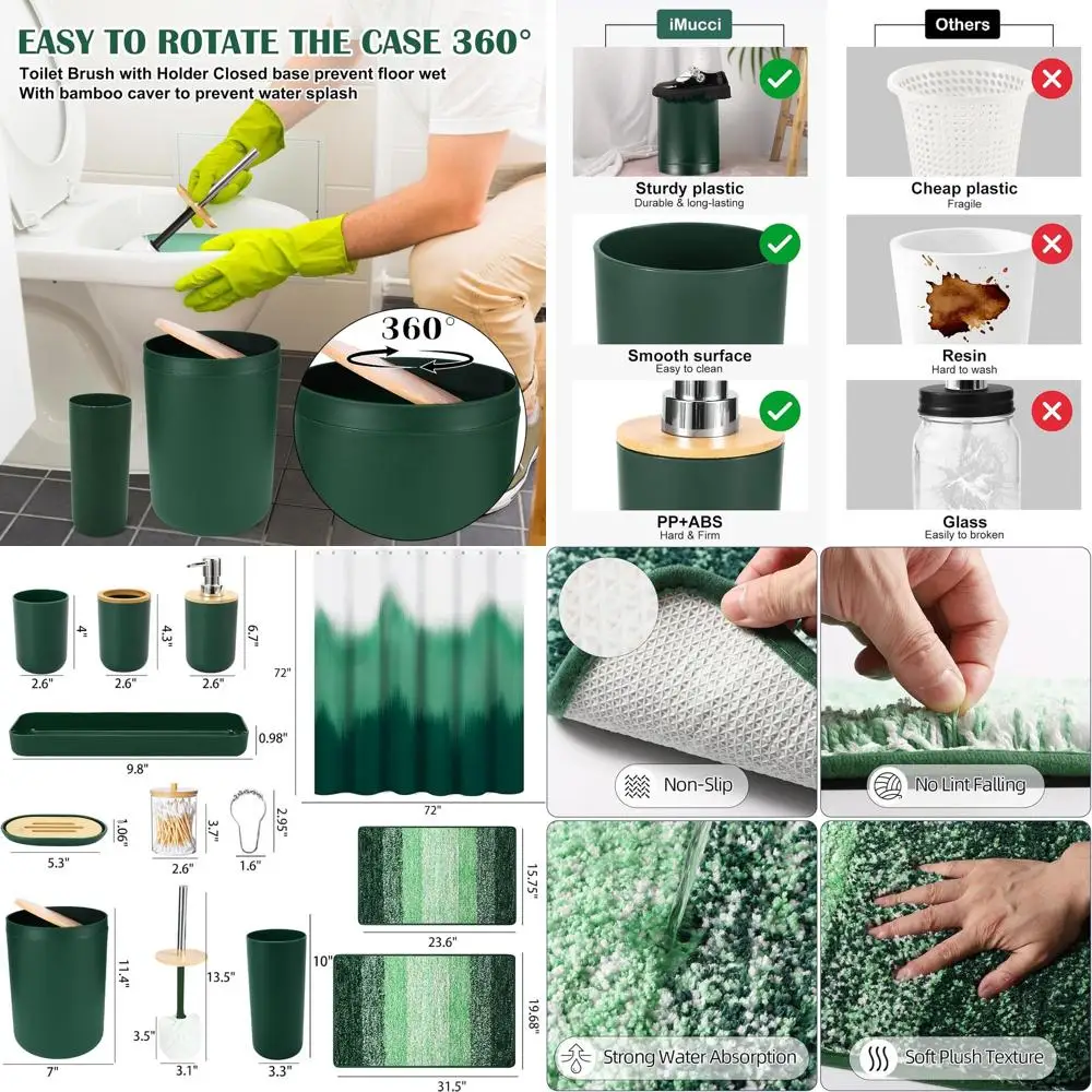 

Elegant Dark Green Bathroom Ensemble: Shower Curtain & Absorbent Mat Set