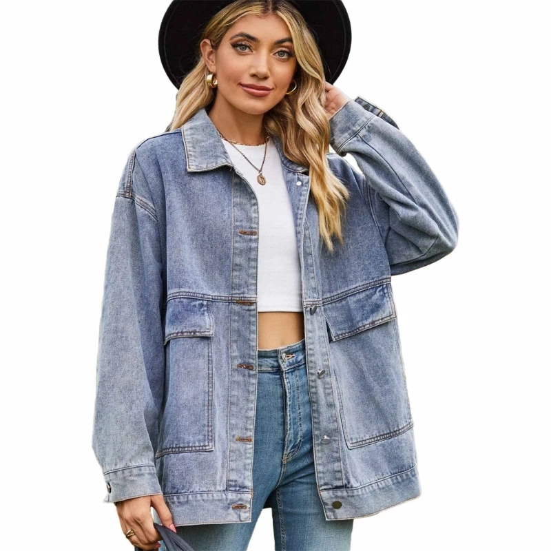 

Women Oversized Denims Jacket Distressed Lapel Button Up Long Sleeve Jean Jacket with Pocket Casual Jeans Trucker Jacket