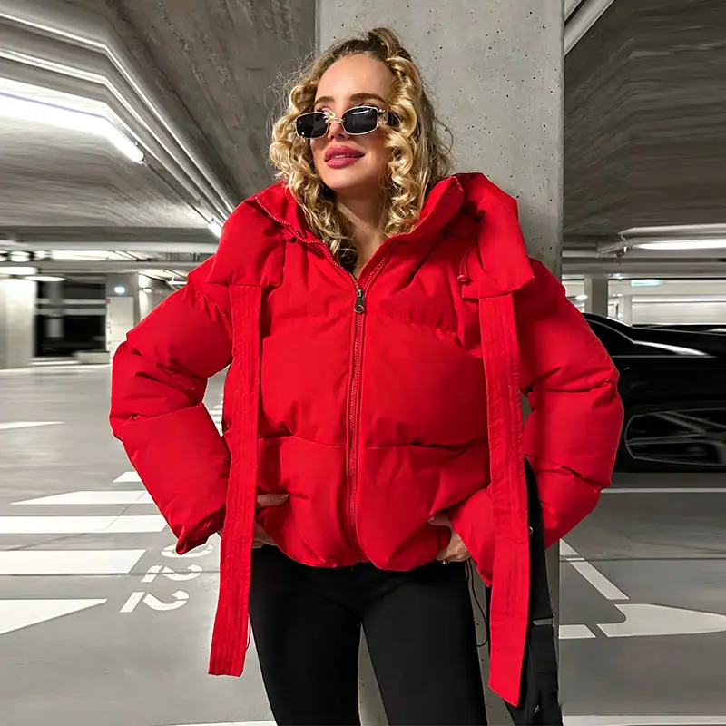 Modische Einfarbige Damen-Steppjacke mit Kapuze, Reißverschluss, Langen Ärmeln, Kurzer Schnitt, Locker Geschnitten, Schick, 2026 Herbst Winter Neue Streetwear für den Alltag – Detail 21