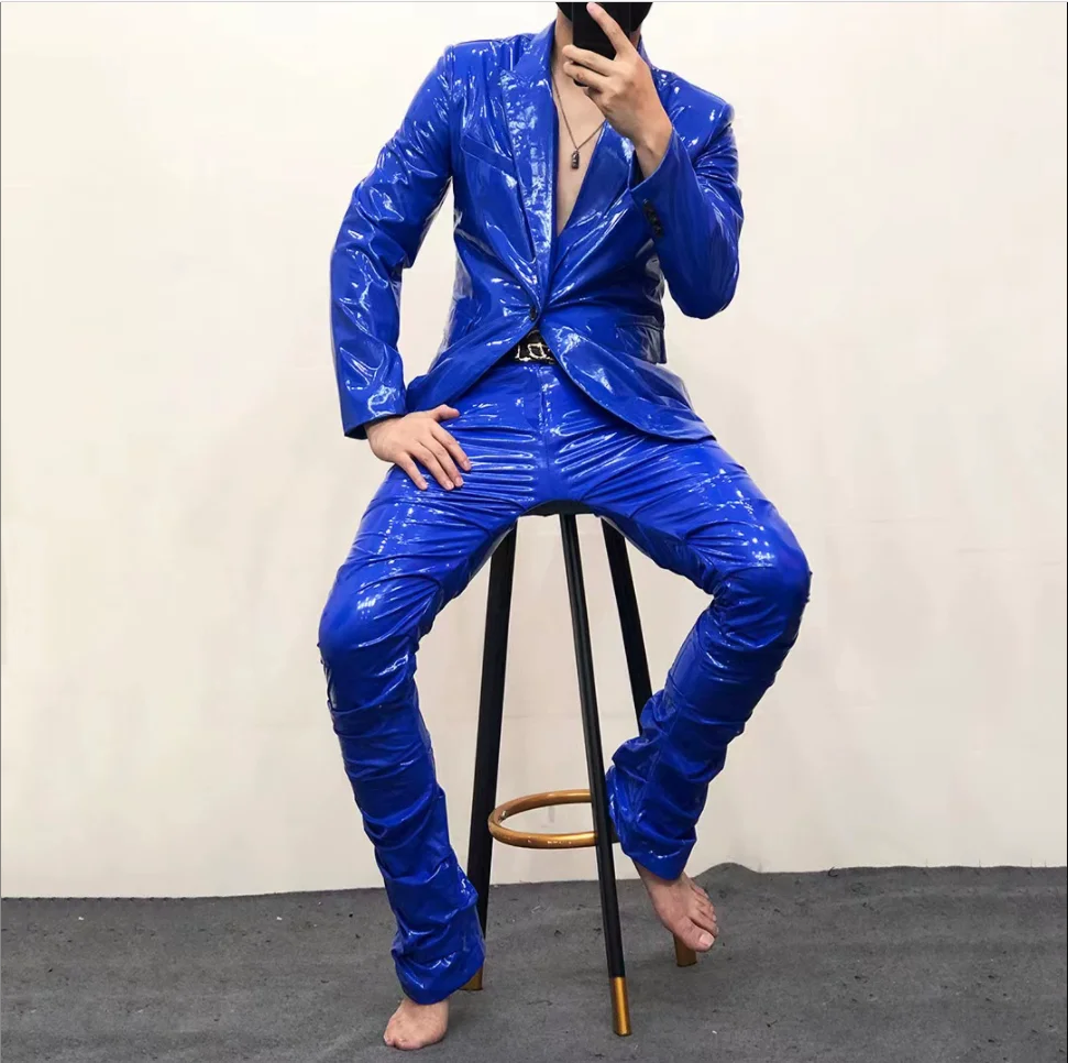 Mirror European and American personality bright leather suits sets men's stage singer performed car model catwalk men's suit set