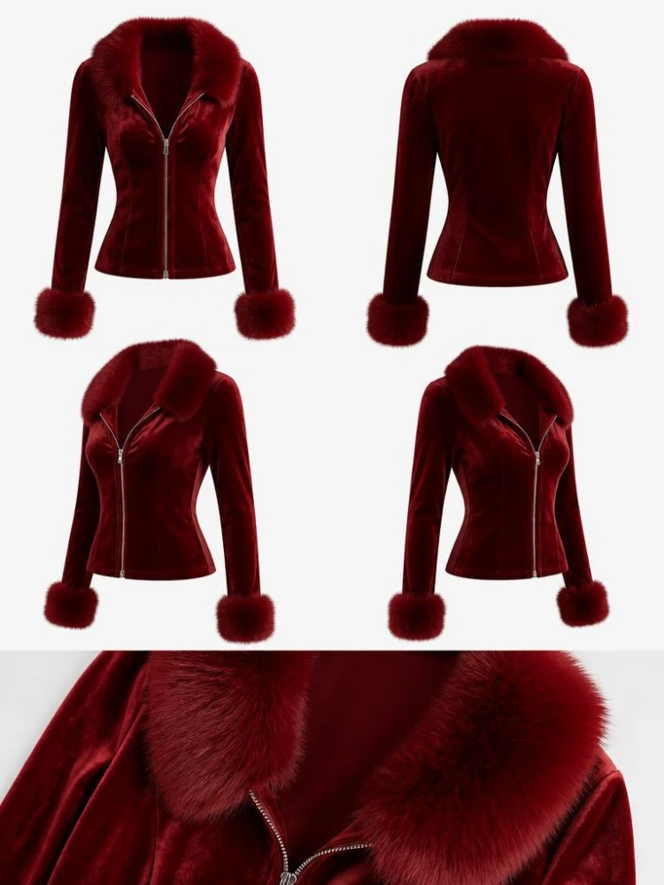 Vintage Women Velvet Zipper Top Faux Fur Collar Cuff Long Sleeve Slim Fitted Cropped Blouse Elegant Party Clubwear Ladies Tops