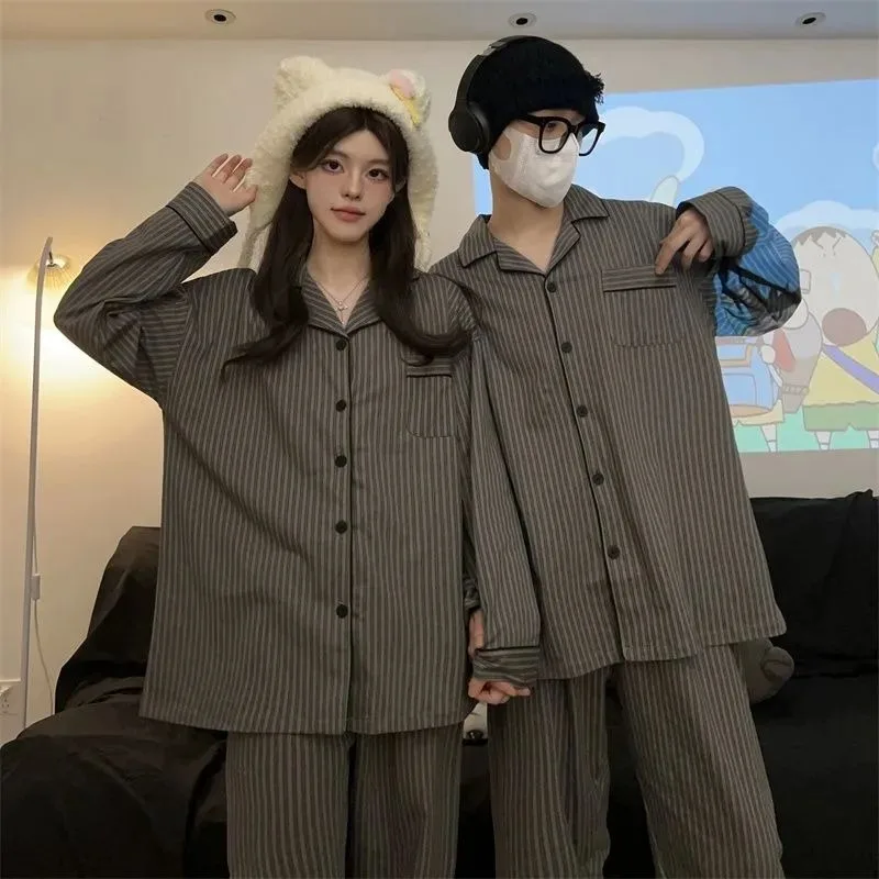 Couple Pajamas for Men Striped Sleepwear Korean Sleeping Night Wear Button Pijama 2 Pcs Pants Sets Autumn Pocket Home Suit 2024