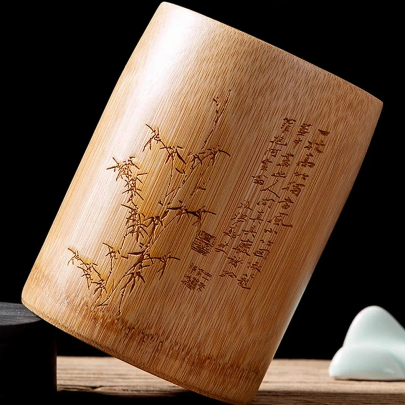 Chinese Calligraphy Bamboo Pen Holder Cultural and Creative Pen Holder Simple Vintage Design Office Desktop Storage Ornaments