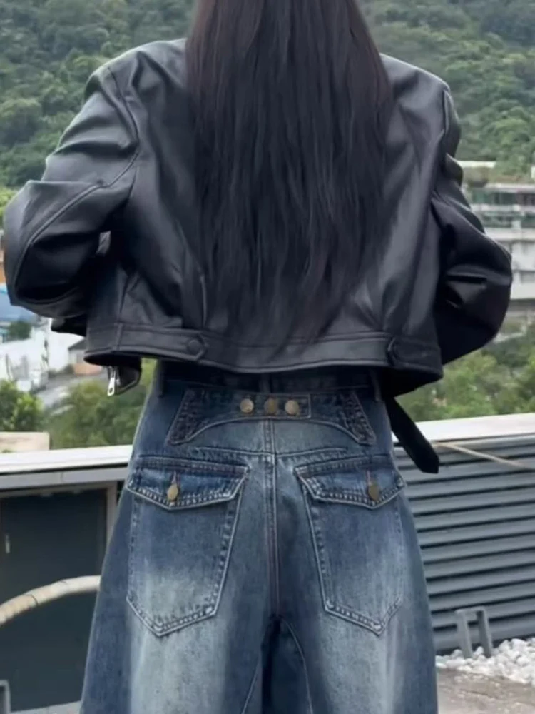 

American Style Vintage High Waist Wide Leg Jeans Women's Loose Fit Button Design Washed Denim Pants Casual Autumn New Arrival