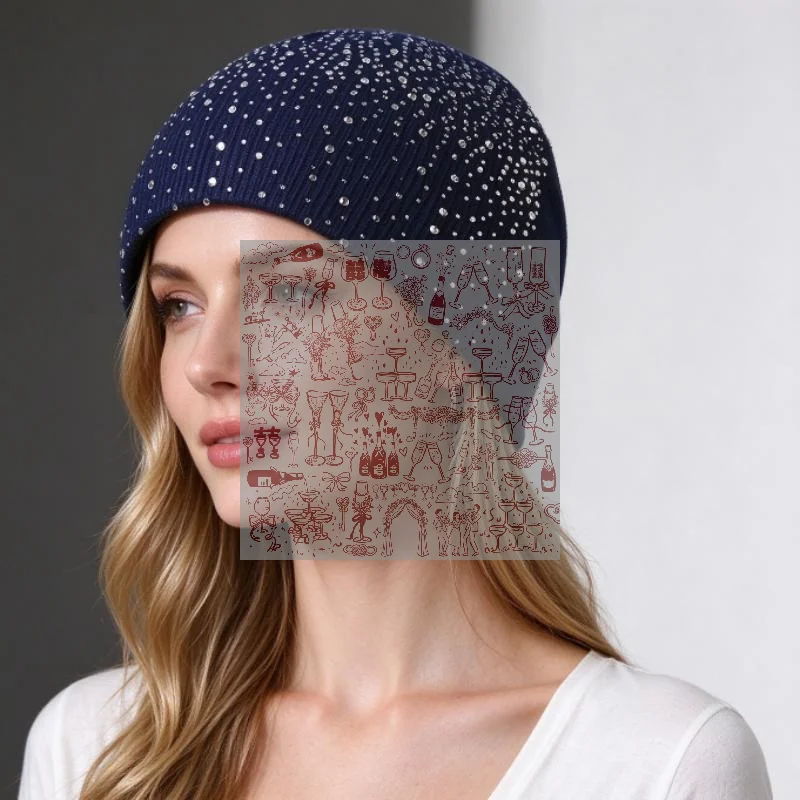 Soft Stretchy Black Knit Beanie With Sparkly Rhinestone Thermal Lining For Winter Daily Wear Parties