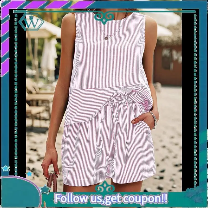 A09P Damskie letnie komplety dwuczęściowe: bezrękawnik i dopasowane szorty, bawełniane zestawy w paski