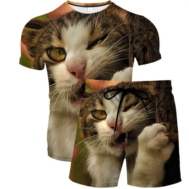 

Funny Cat 3D Print Women/Men T-Shirts and Board Shorts 2 Piece Outfits Set Summer Tracksuit Streetwear Short sleeve Suits