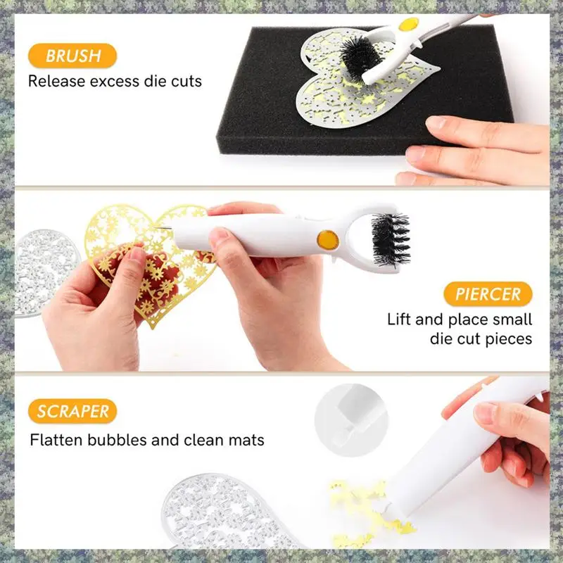 WON 3 In 1 Die Brush Piercer Scraper With Foam Pad For Removing Excess Paper From Dies Weeding Tools Die Cutting Tools Kit