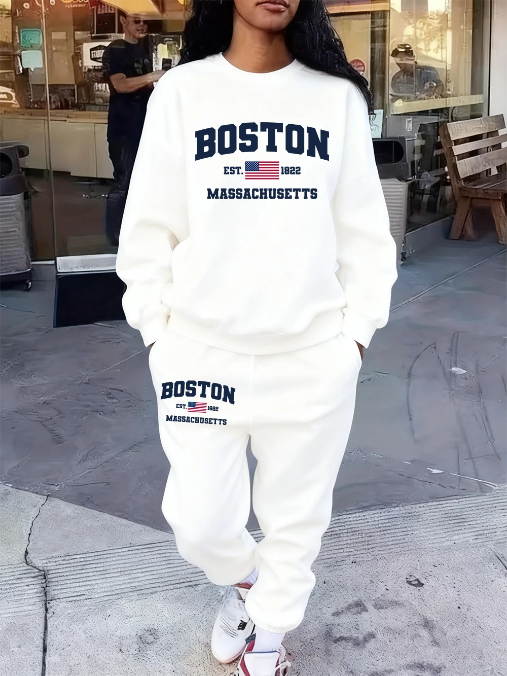 

Комплект из 2 предметов с капюшоном, женские спортивные штаны с принтом Бостон Массачусетс, свободная толстовка с карманами, одежда для бега, зимняя флисовая одежда