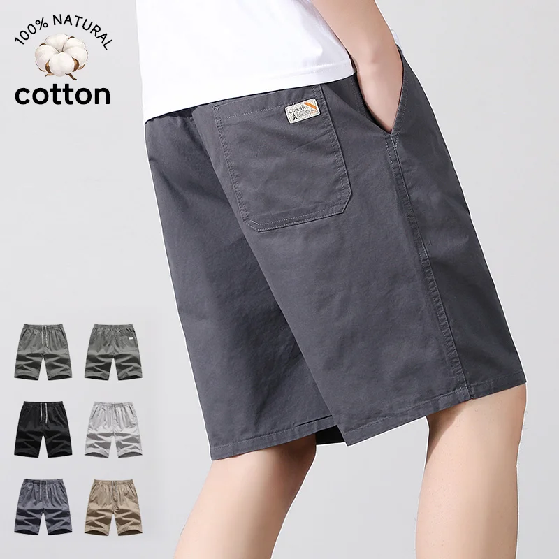 2026 New Summer 100%Cotton Men's Shorts Straight Knee Pants Beach Elastic Waist Outdoor Work Beach Bermuda Short Men Plus Size