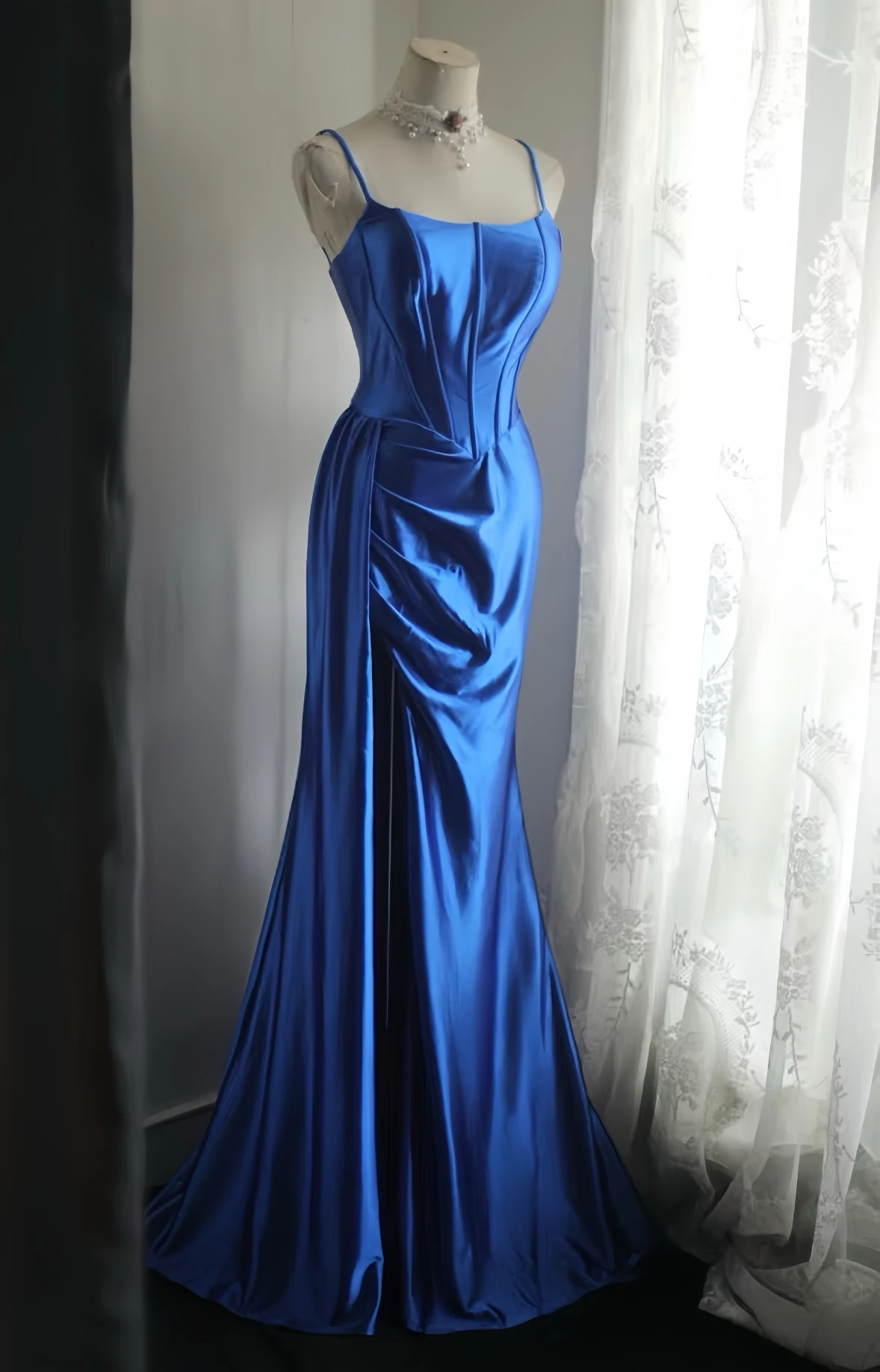 

Elegant Blue Celebrity Dress Mermaid Pleated Satin Trailing Fish Bone Support Floor Red Carpet Ceremony Evening Prom Gowns New