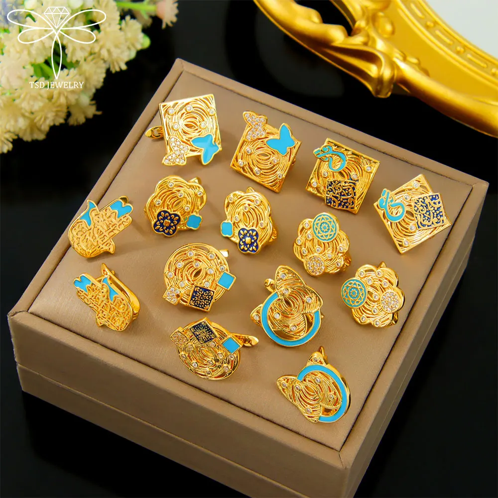 Arabic Fashion Clip Earrings 21k Gold Plated Dubai Exqusite Zirconia Oil Dripping Earring Nigeria Women Event Party Jewelry