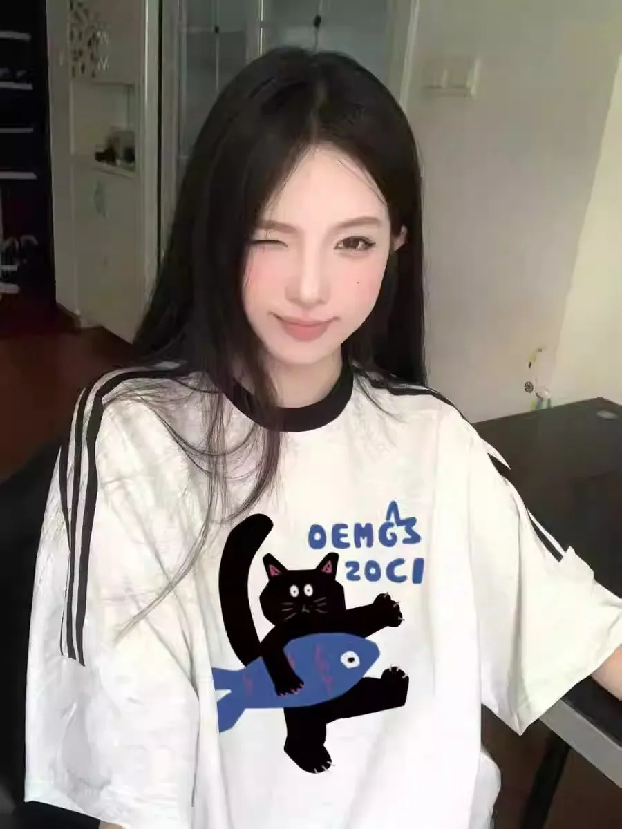 

Women Stripe T-shirts Spring Summer Short Sleeve Female Tops 2025 Girl Student Loose T-shirts Cartoon Cute T Shirts
