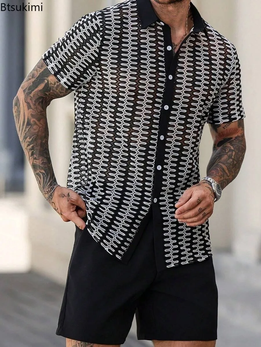 

2025 Men's Summer New Sexy Hollow Out Shirt Black and White Color Blocked Crochet Fashion Vacation Casual Loose Male Shirt Tops