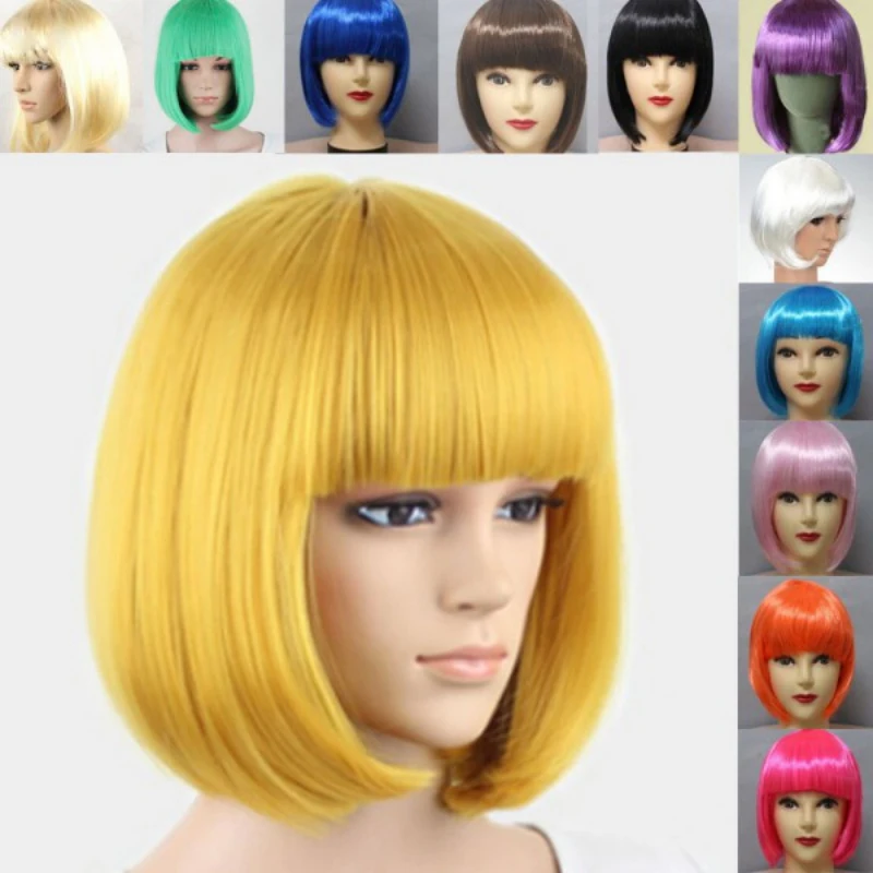 Krótkie peruki syntetyczne proste Ombre blond brązowy Bob peruka z grzywką dla czarnych kobiet Afro na imprezę Cosplay codzienne włosy odporne na