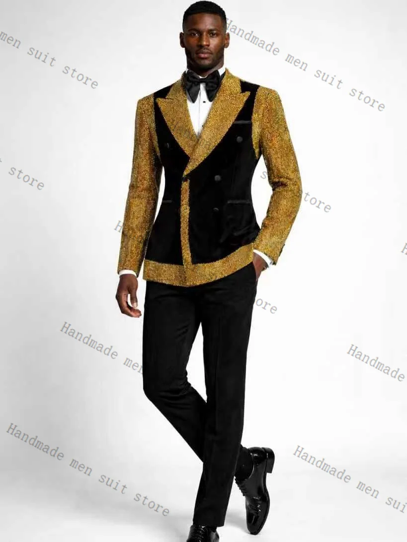 

Golden Crystals Stone Men Suit Set 2 Piece Blazer+Pants Cotton Prom Wedding Tuxedos Coat Customized Formal Office Fashion Jacket