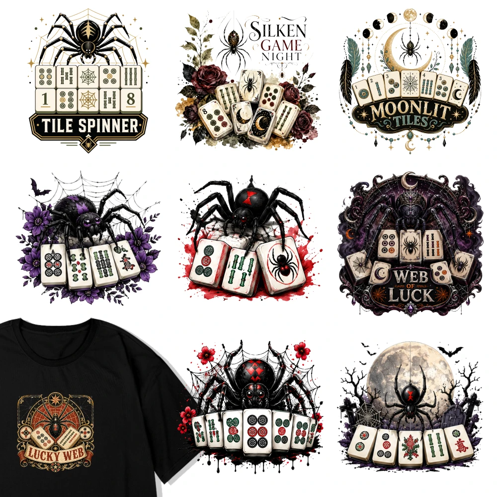 9 Pcs Spider Moon Web Gothic Mahjong Tile Iron on Transfers Heat Press Patches Washable Stickers Casual Style