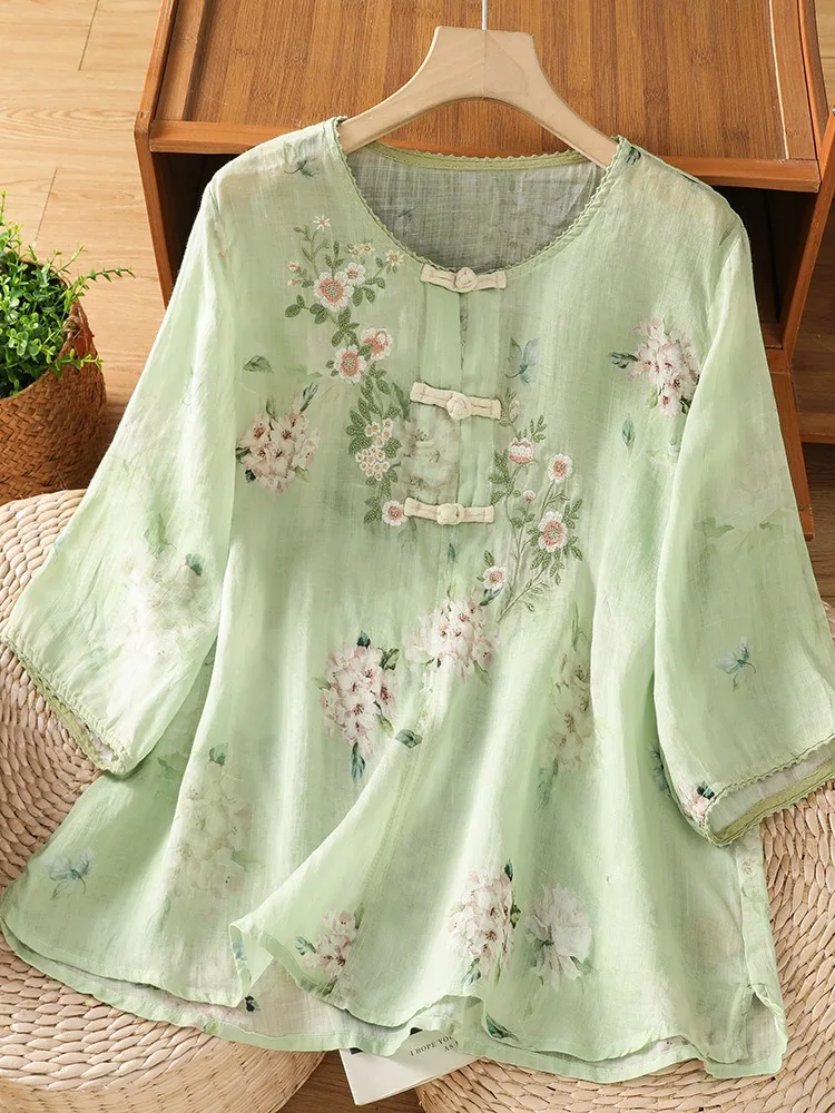 

Chinese Style round Neck Embroidered Cotton Linen Women's Summer Shirt Loose Fit Printed Gradient Color Shirt Thin Top