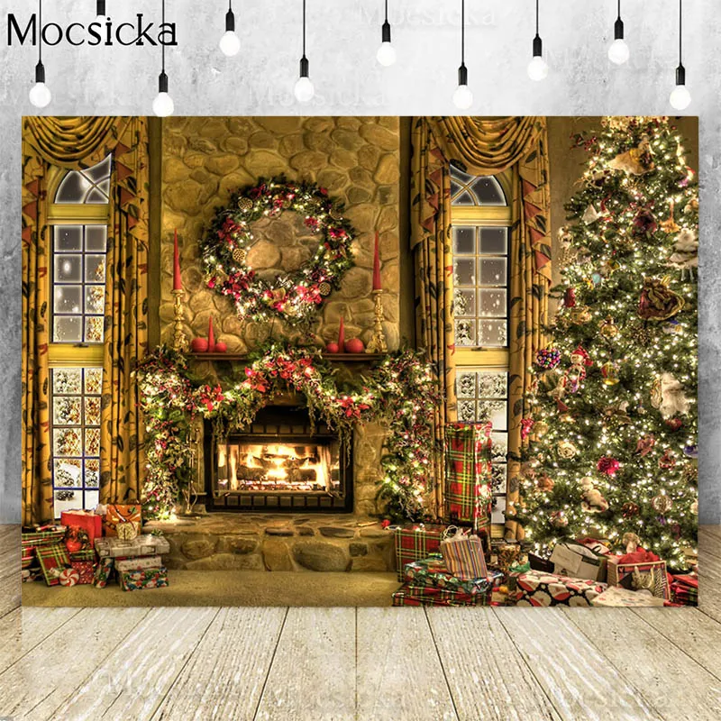 

Christmas Hearth Photography Backdrops Xmas Tree Fireplace Window Gift New Year Background Kids Portrait Photo Studio Photocall