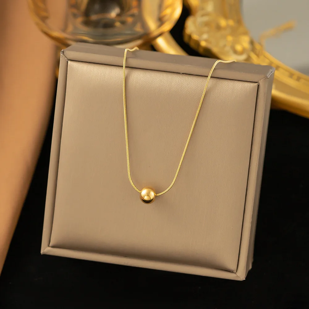 Stainless Steel Round Bead Pendant Necklace For Women Girls Gold Color Classic Simple Clavicle Chain Wedding Party Jewelry Gift