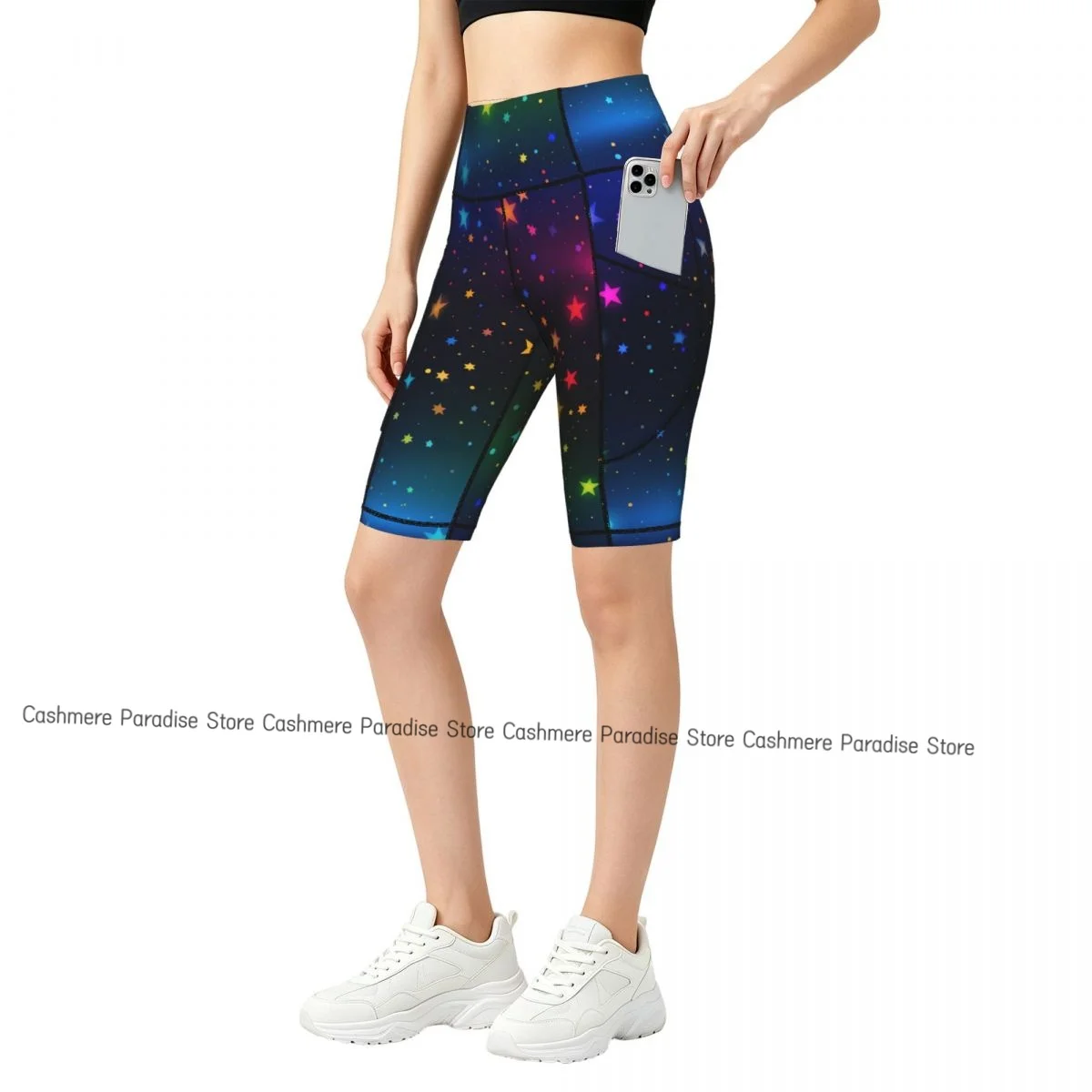 Double Pocket Sports Shorts Women Elastic Slim Colorful Cosmic Space  Shorts Gym Exercise Running High Waist Yoga Fitness Shorts