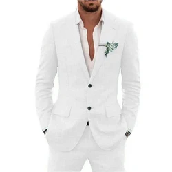 Casual Linen Suit for Men Notched Lapel Slim Fit 2 Pieces for Wedding Dresses Summer Beach Tuxedo Suits for Men