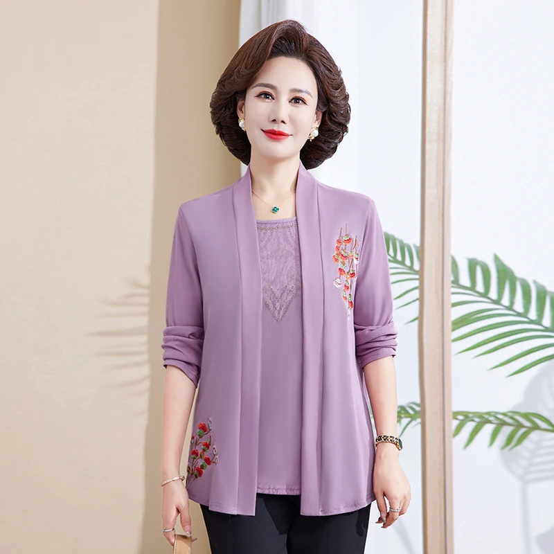 2pcs/set Embroidery Floral T-shirts Women Spring Fall Fashion  Middle Age Mother Tee Shirts Femme Suit Tops