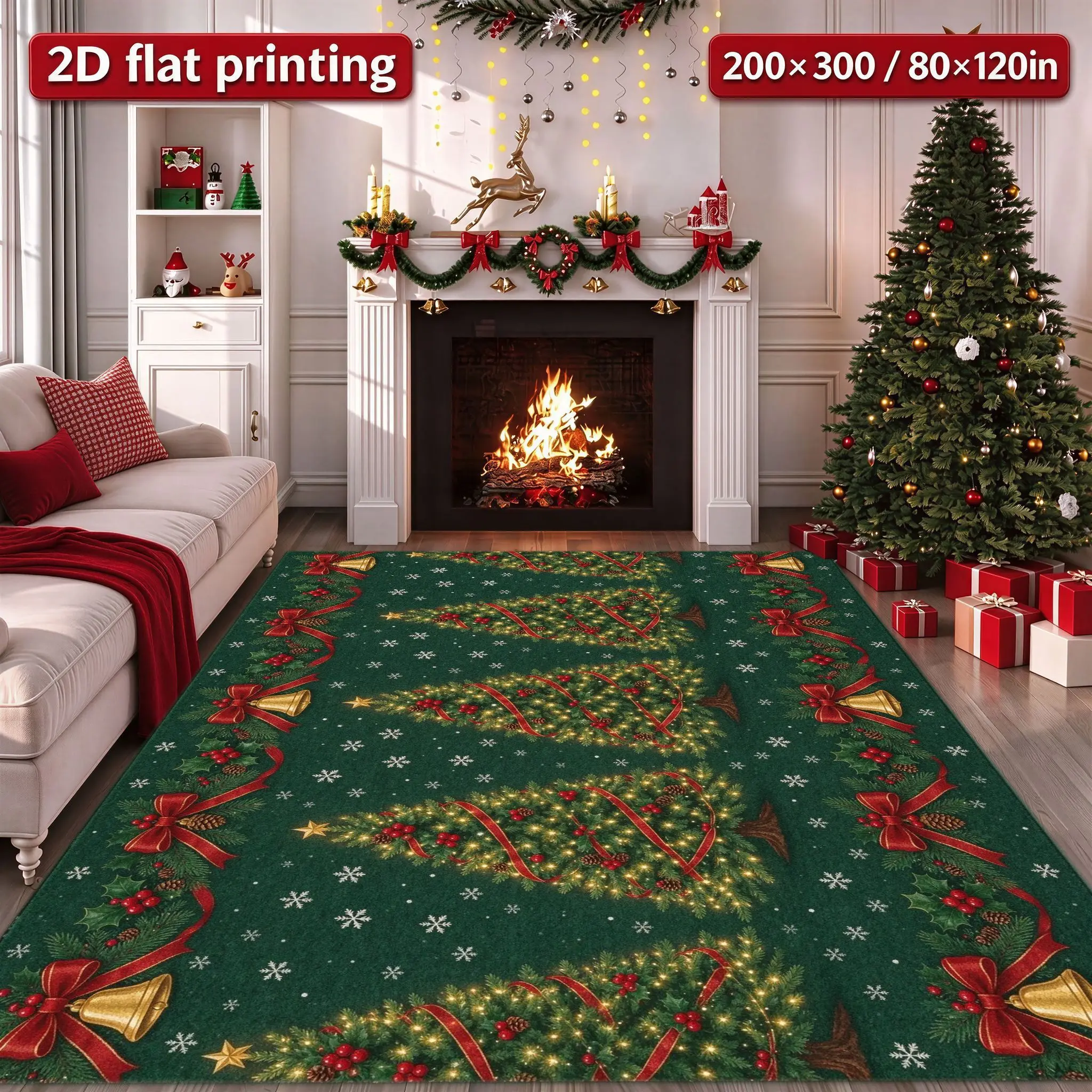 2D Flat Christmas Tree Area Rug, Dark Green Background Bow Bell Snowflake Holly Print, Floor Decor for Living Room Bedroom