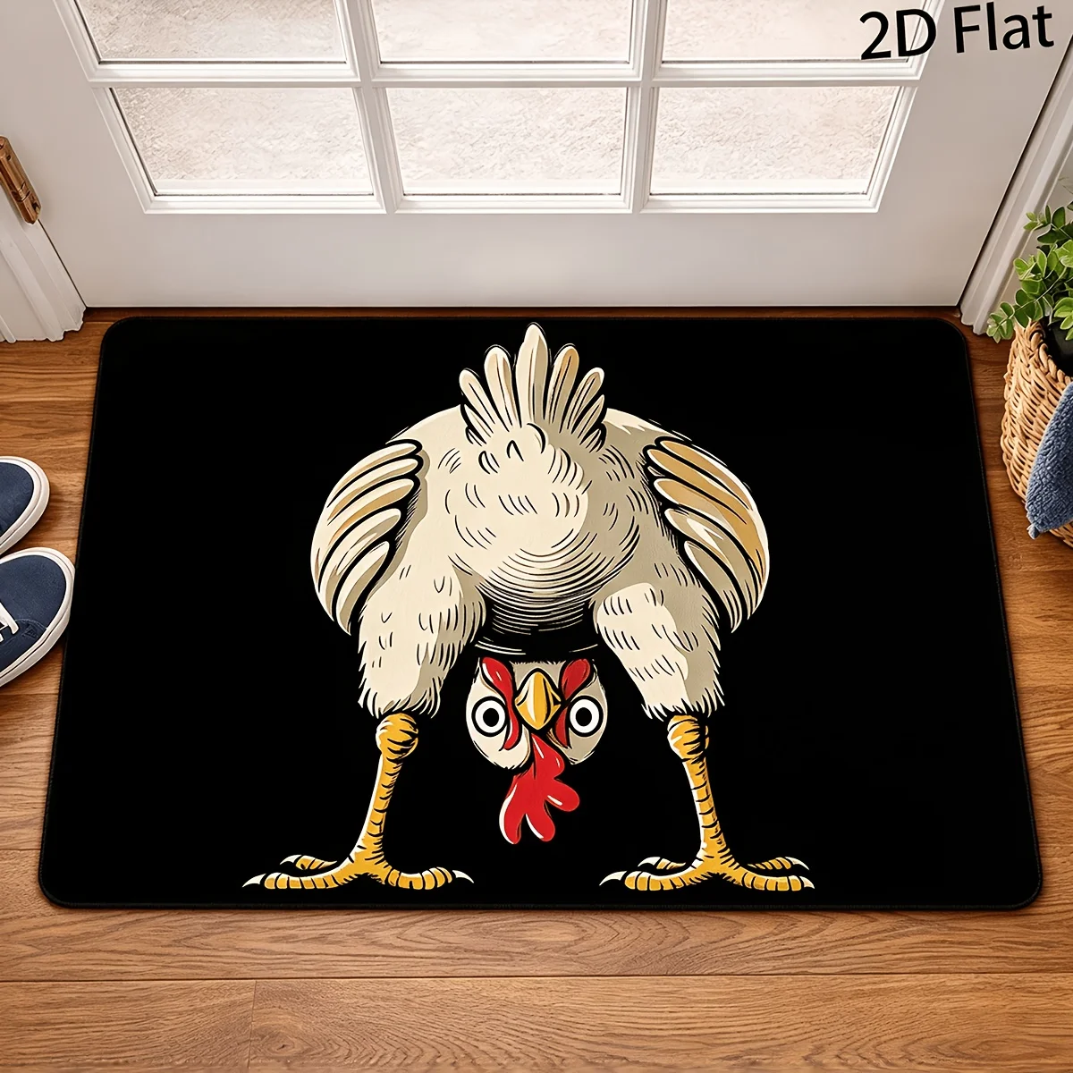 2D Flat Upside Down Chicken Printed Door Mat, Funny Farm Animal Decor, Indoor Outdoor Entryway Floor Mat