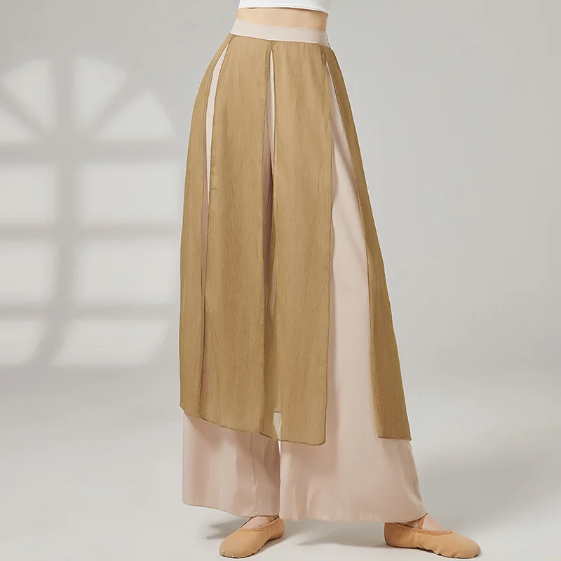 여성용 클래식 댄스 바지 우아한 성인용 더블 레이어 쉬폰 모던 댄스 바지 중국 민속 무용 바지 발레 의상