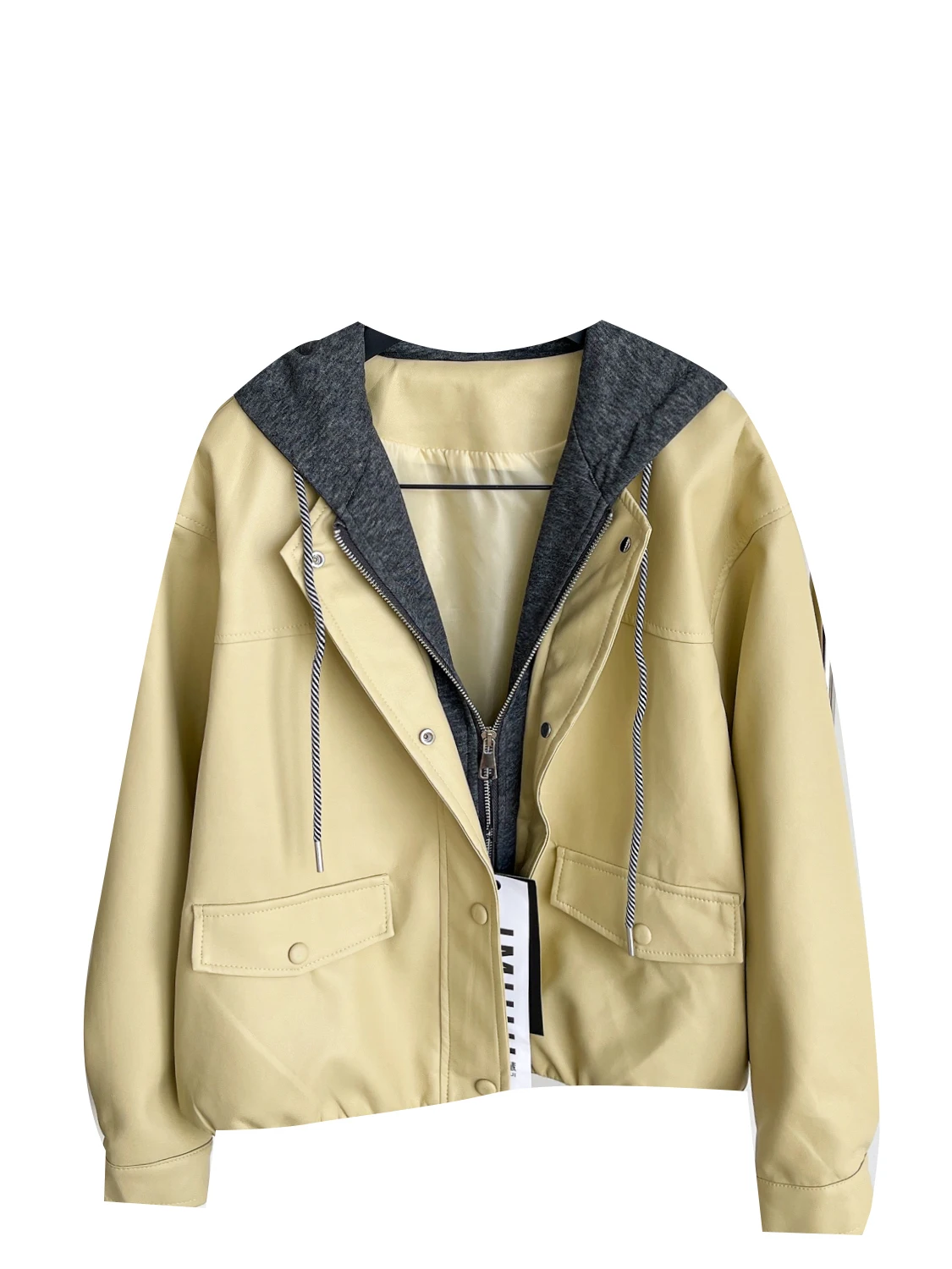 Casual Faionable Korean Sle Women's Leather Jaet Coat Hooded Patchwork Loose Fit Fall Season Versatile Trendy Outerwear