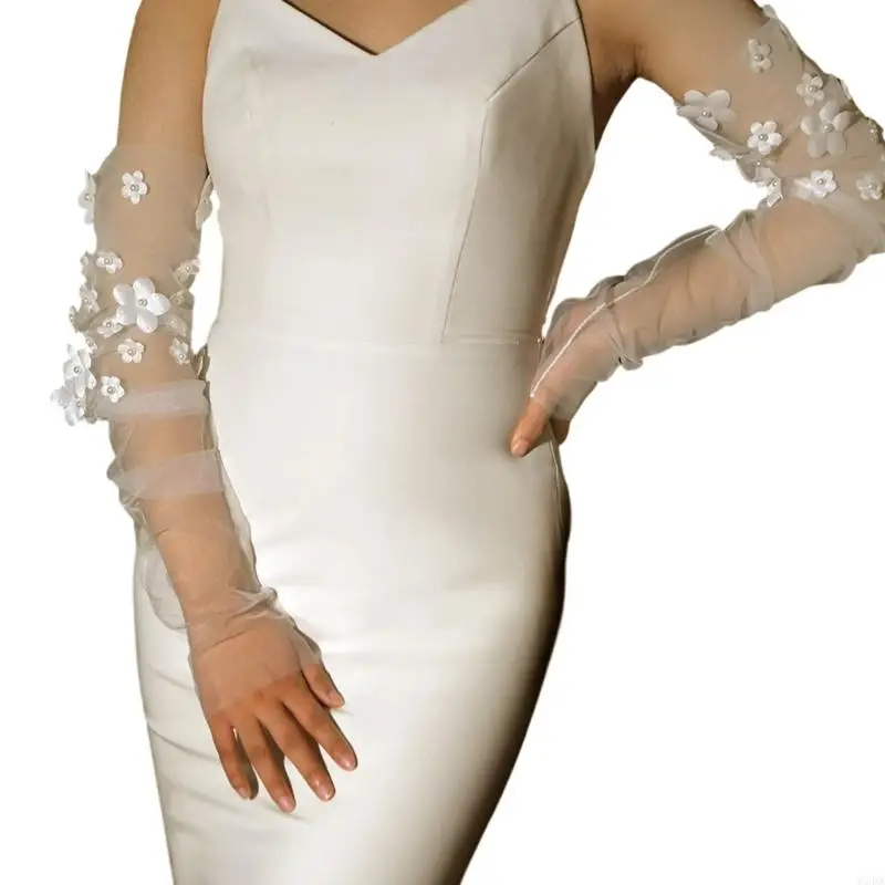 Delicate Pearls Bridal Gloves Tulle Arm Sleeves for Wedding Bride Comfortable White Floral Accessories Ceremony Wear 6XDA