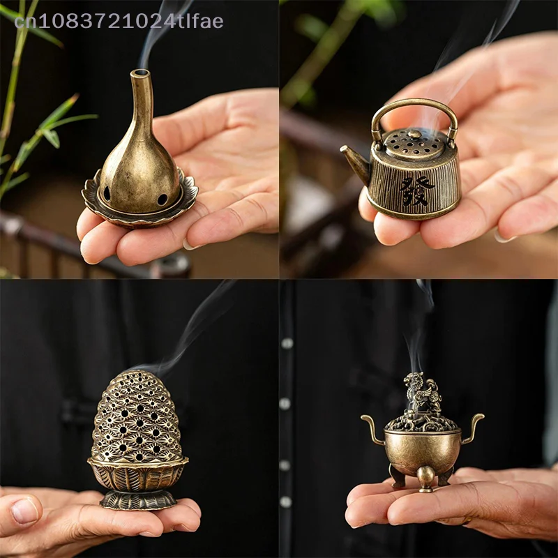 {YY30} 1 Pc Mini Antique Brass Zinc Alloy Incense Burner With Compact Lotus Base Design For Home Meditation Yoga Aromatherapy