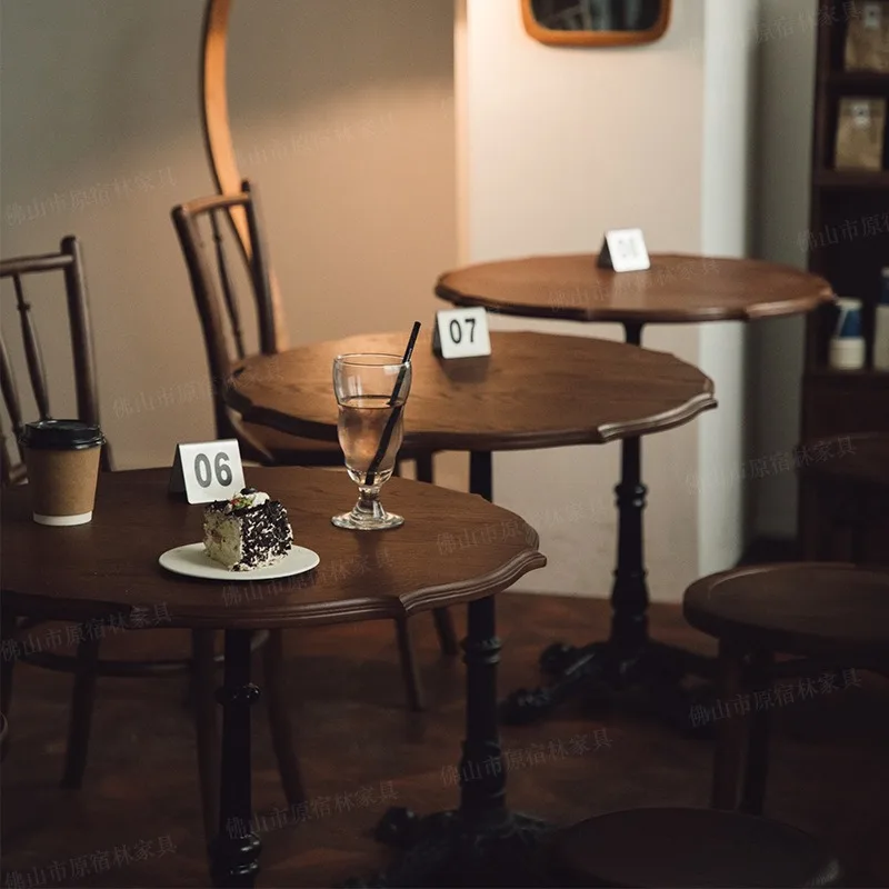 Retro Solid Wood Flower Round   Wrought Iron Coffee   French Dining Furniture For Medieval Dessert Shop