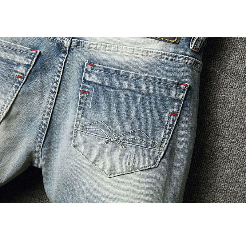 Street Fashion Men Jeans Retro Light Blue Stretch Slim Fit Ripped Jeans Men Patched Designer Embroidery Vintage Denim Pants