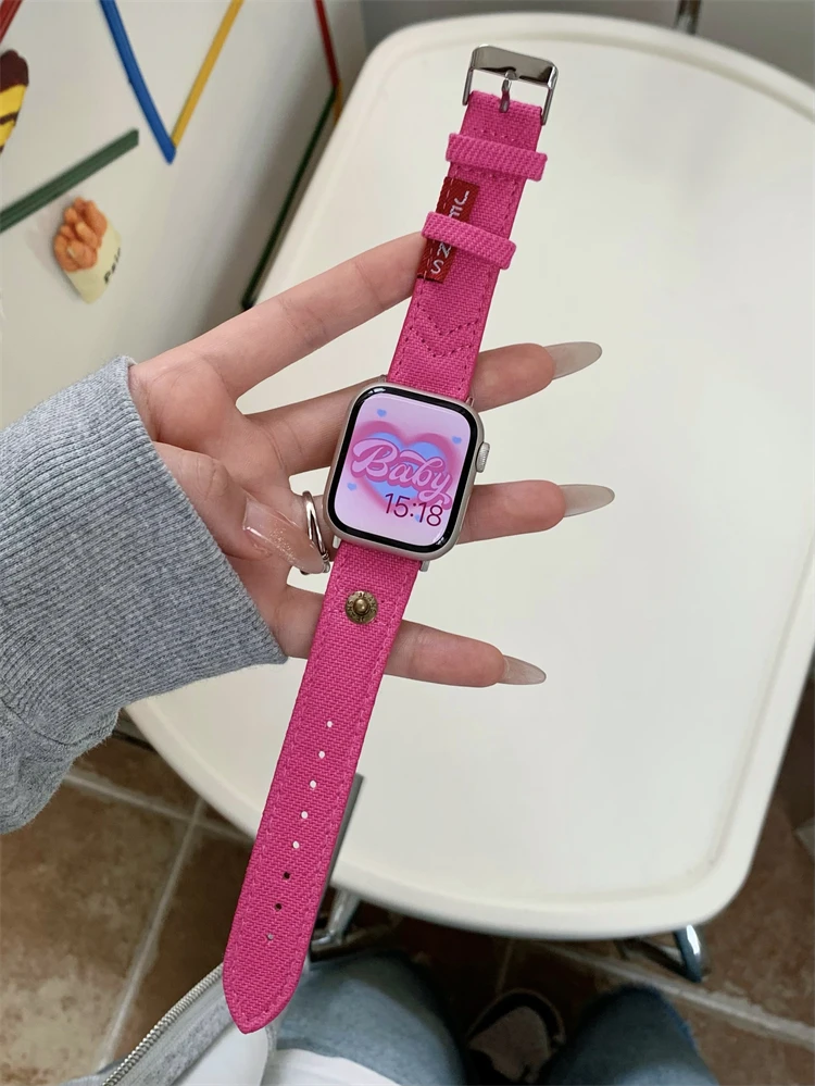 Korea Pink Denim Canvas Leather Watch Band For iWatch Series 8 7 6 5 4 3 SE Girl Casual Strap For Apple Watch 40mm 41mm 44 45 4