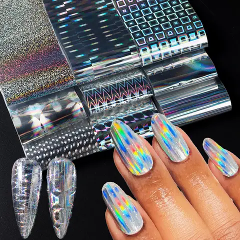 10 st holografisk nagelfolie överföring nagelkonst folier klistermärken skimrande regnbågsstjärna geometrisk aurora laser nagelkonst dekoration 8 best sales holografiska nagelklistermärken - №7