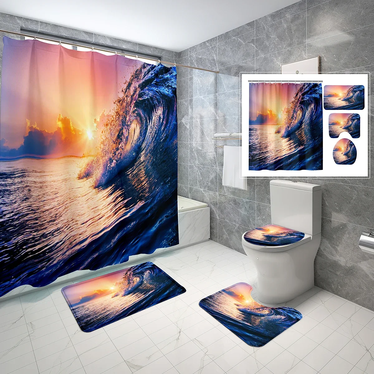 

4 Pcs Natural Landscape Shower Curtain Sets Sunset Clouds Ocean Waves Non-slip Bath Mat Toilet Lid Waterproof Shower Curtain Set