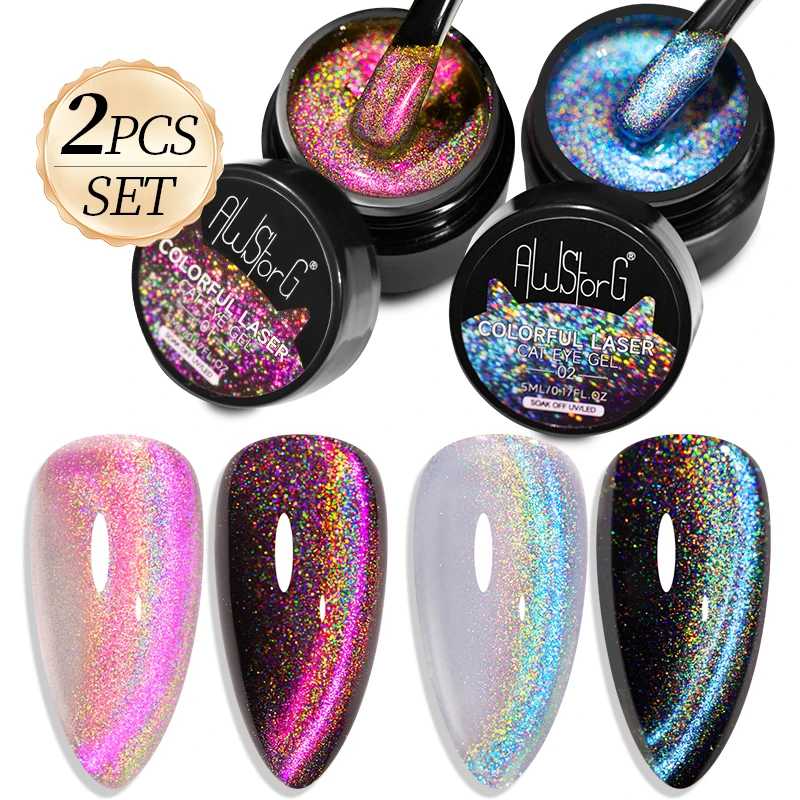 AWStorF 2 Stück/Set 5 ml blau rosa Regenbogen Cat Eye Magnetgel Nagellack bunter Laser glitzernder UV-LED Semi-Permanent-Gel