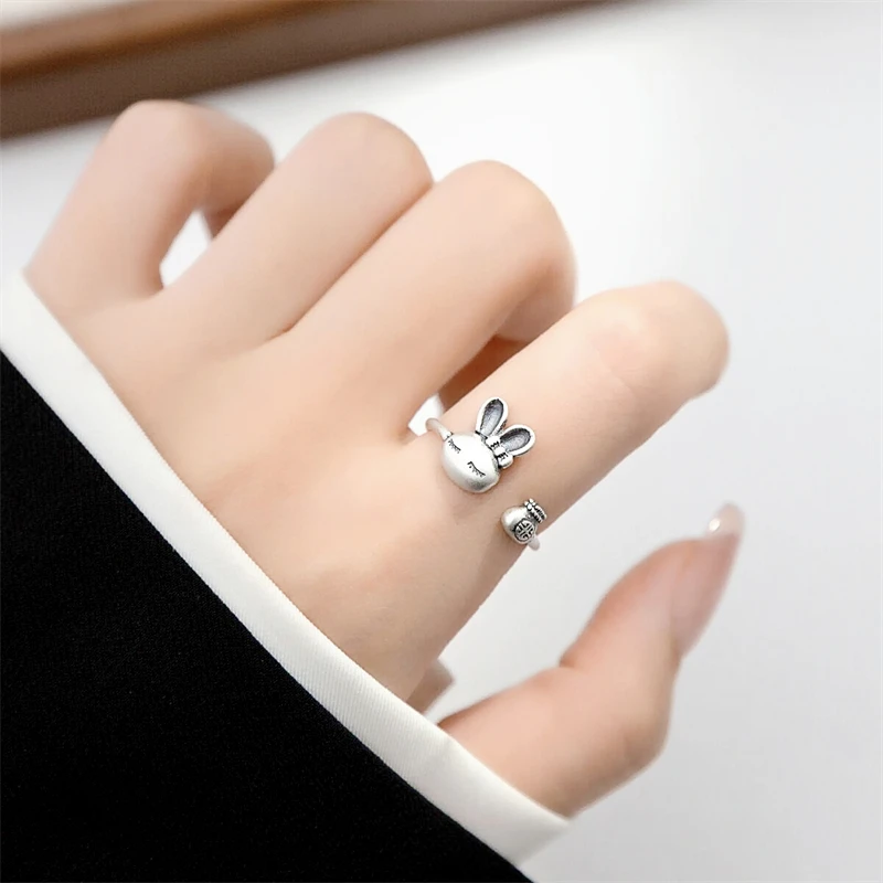 WYEAIIR 925 Sterling Silver Zodiac Cute Rabbit Purse Good Luck Fine Jewelry Resizable Opening Female Ring