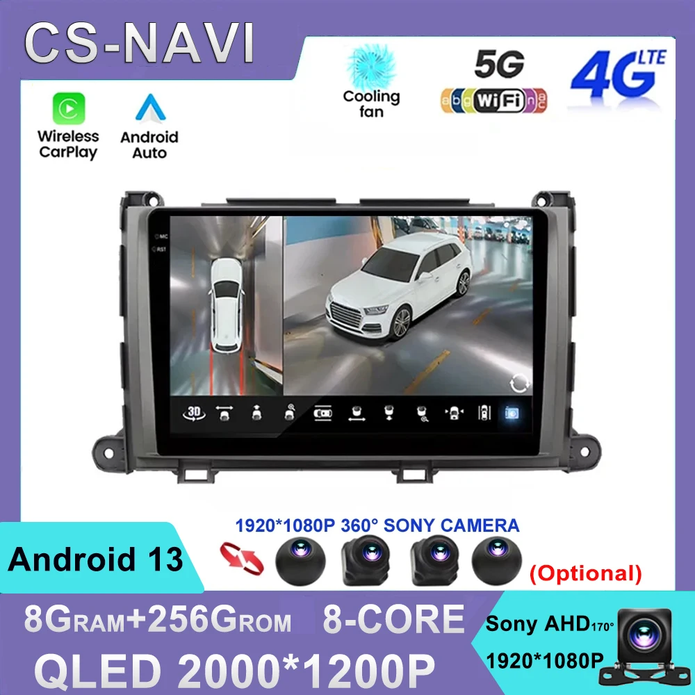 

For Toyota Sienna 2009 2010 2011 2012 2013 2014 Android 13 Car Gps Player Stereo Radio 2 Din 8 CORE IPS Touch Button Carplay