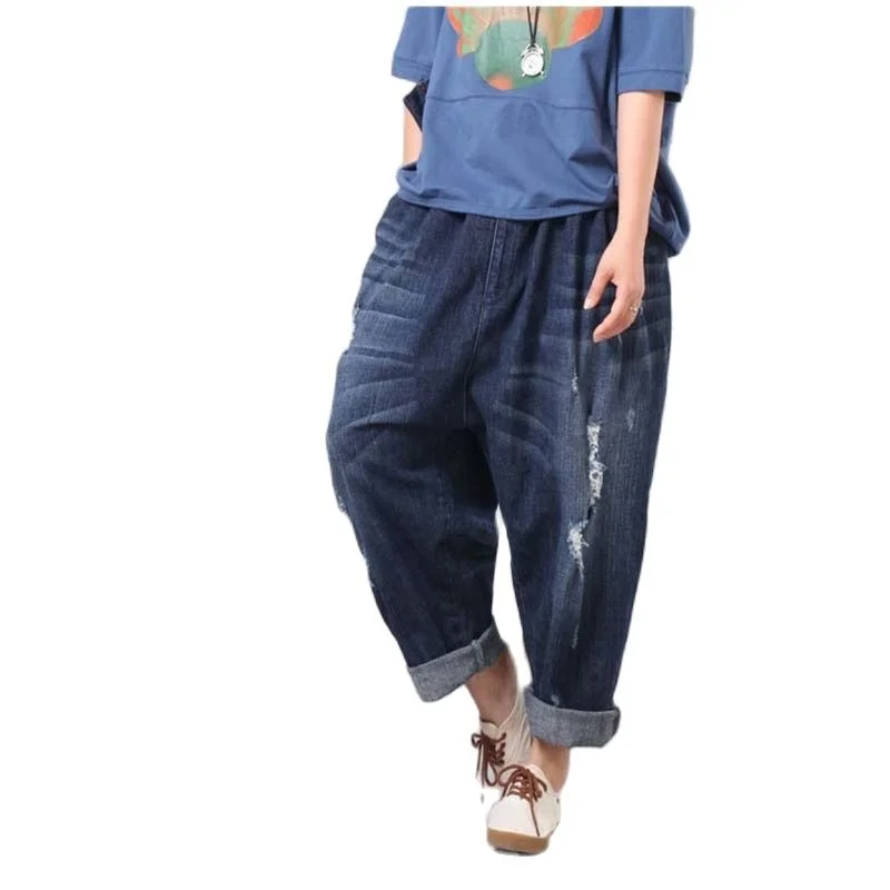 

Korean Fashion Boyfriend Ripped Jeans Women Elastic Waist Harem Hip Hop Denim Pants Wide Leg Loose Baggy Trousers