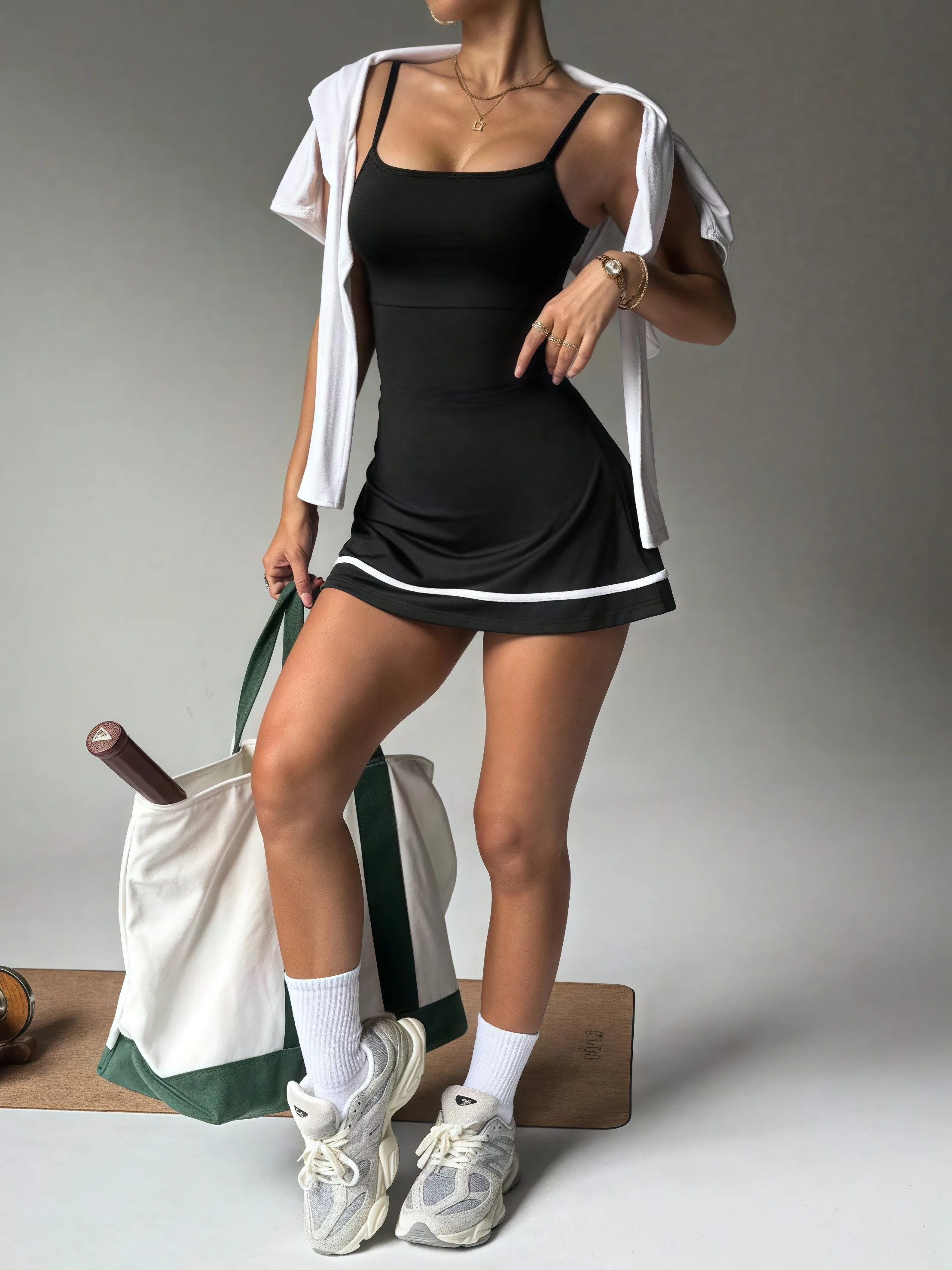 Women's color blocked camisole dress hanging sleeveless thickened tennis sportswear slim fit gym sportswear short skirt image 4