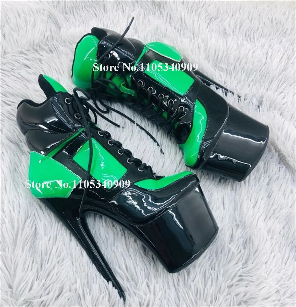 Bondarenko Green-black White-black Patchwork Stiletto Heel Short Boots Sexy Round Toe High Platform 20cm Thin Heel Dance Shoes