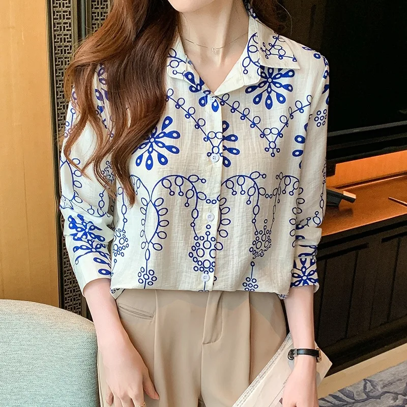 

New Ladies Cotton Linen Shirt European Style Retro College Style Print Pattern Women's Fashion Casual Button up Top