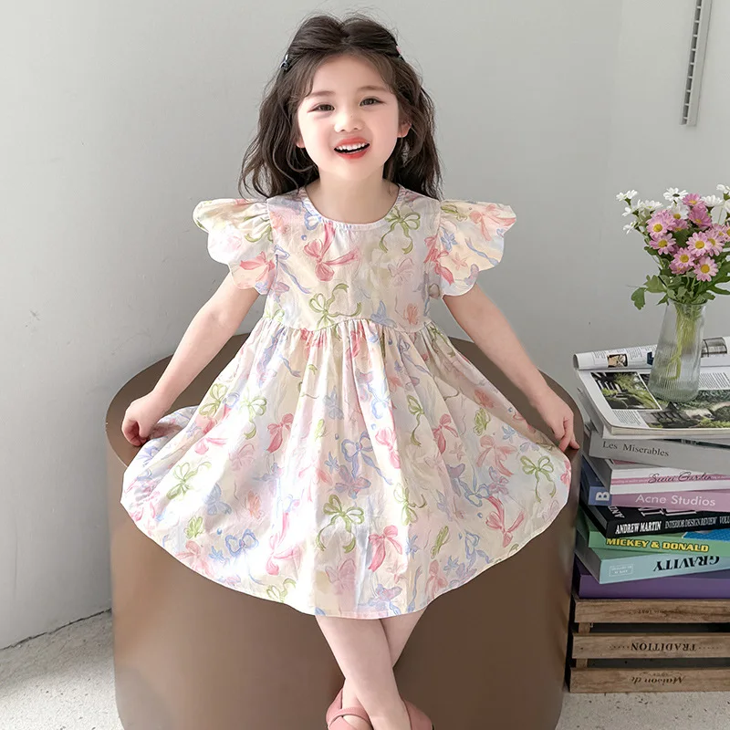 Girls Bow Cotton Skirt Children's Korean Fashion Little Girl Foreign Princess Skirt Children's Skirt Summer Dress