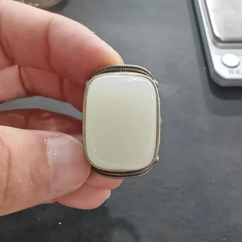 Retro Chinesischer Filigran-Handwerksring, länglich, Jade-Imitation, versilbert, offen, verstellbar, Unisex, Vintage-Fingerornament – Detail 6